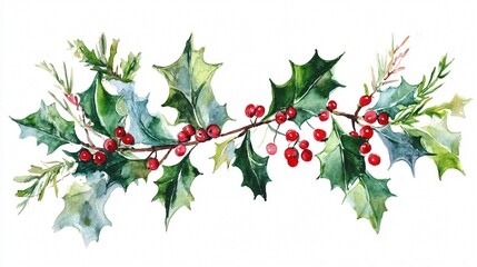 Fototapeta premium Watercolor Holly Branch: Festive Greenery and Red Berries for Christmas