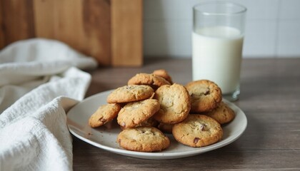 A Plate Of Freshly Baked Cookies Cooling On A Wooden Counter With A Glass Of Milk