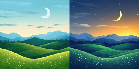 Obraz premium Dual Harmony: Day and Night Transition Over Summer Meadows and Majestic Mountains