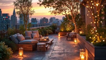 A Scenic Sunset View Captured From A Rooftop Garden With Fairy Lights