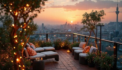 A Scenic Sunset View Captured From A Rooftop Garden With Fairy Lights