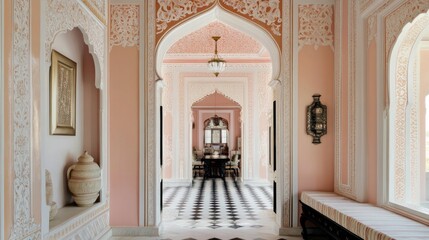 Elegant pink hallway with arches, intricate carvings, and checkered floor.