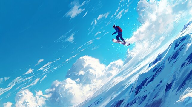 Snowboarder jumping through air with deep blue sky in background