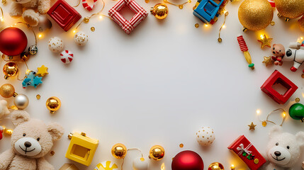 Frame for text made from colourful kids toys, teddy bears, toy cars, balls, cubes, with golden garland lights, on white christmas background, festive golden bokeh. Aureate. Illustration