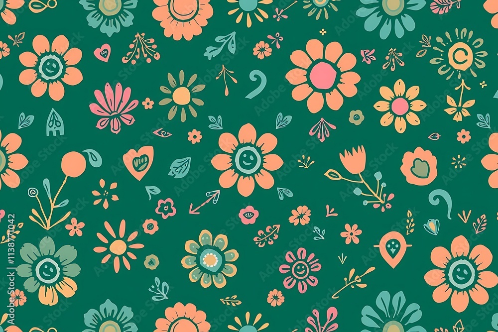 Aufkleber happy floral pattern: a cheerful and vibrant seamless pattern featuring a whimsical array of colorfu
