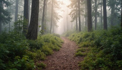 A Scenic Morning Walk Through A Foggy Forest Trail