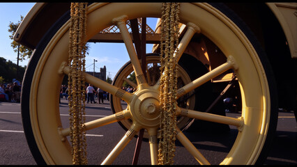 Close-up of a yellow carriage wheel with gold bead decorations during Mardi Gras parade celebration