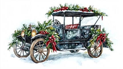 Fototapeta premium Vintage Christmas Car: Festive Watercolor Painting of Classic Automobile Decorated for Holidays