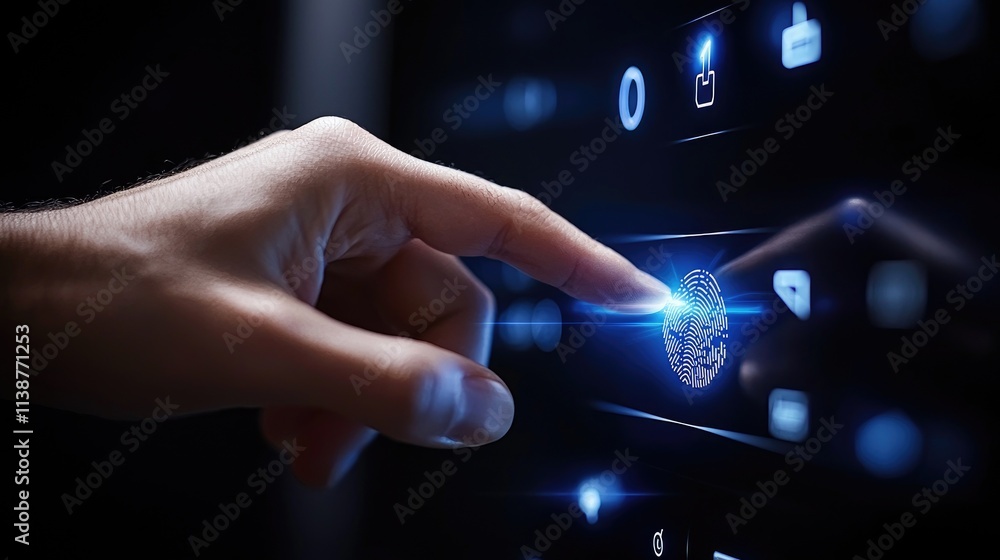Poster innovative technology action hand interaction with fingerprint sensor modern environment close-up vi