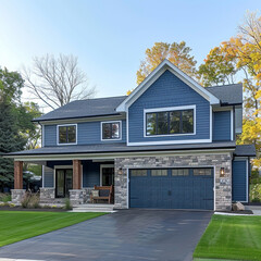Luxurious new construction home, modern style home two car garage, blue siding natural stone wall,