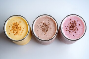 Obraz premium Colorful Trio of Fruit Smoothies on Light Canvas: Refreshing Drink Blends for Every Taste