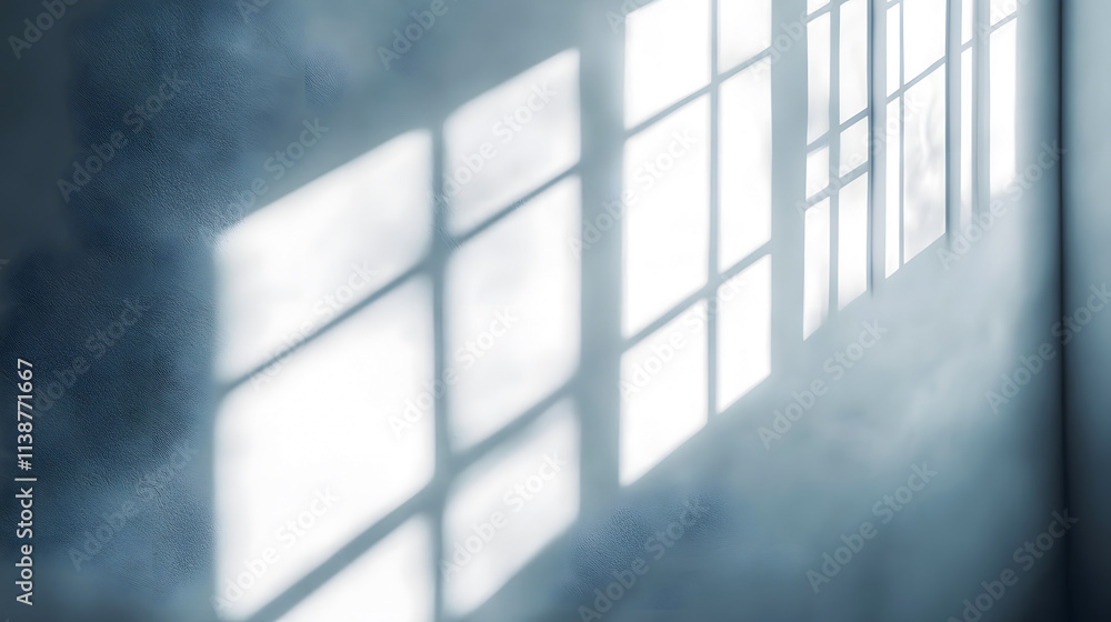 Poster gray window shadows and light blur creating an abstract background on a white wall.