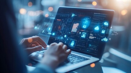 Fototapeta premium 3D Graphics Concept: Big Data Center Female Chief Technology Officer Using Laptop Standing In Warehouse, Activates Servers, Information Digitalization Starts. SAAS, Cloud Computing, Web Service
