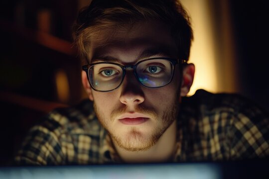 Focused Coder Burning Midnight Oil: Late Night Remote Work by a Dedicated Programmer in Glasses, Typing Code Under Deadline Pressure