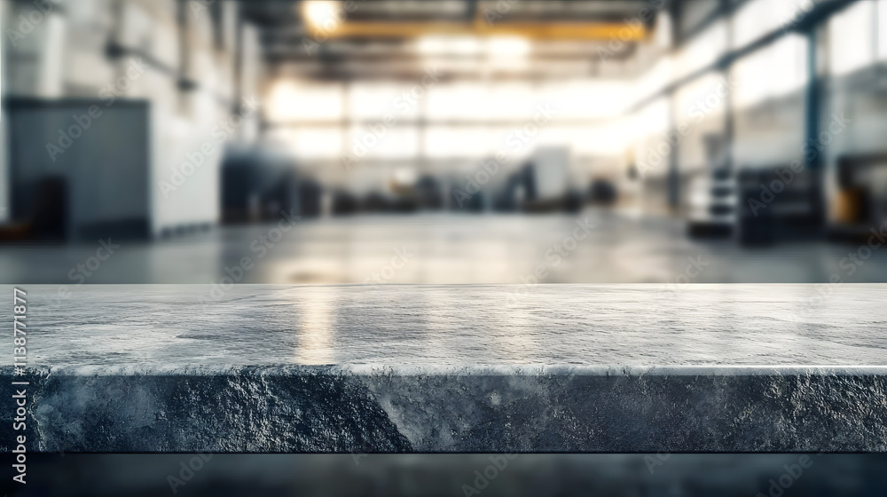Poster a close view of a stone countertop in an expansive industrial workspace illuminated by soft daylight