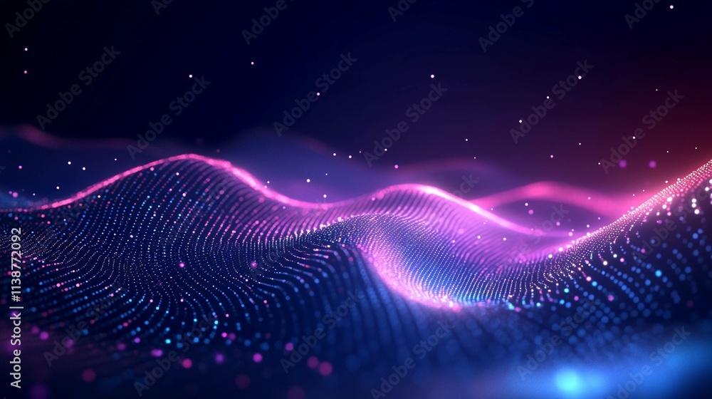 Poster shimmering particles creating waves of light in a dark background. generative ai