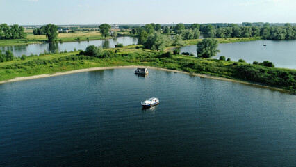 lake in the park, boat on the water, view from above