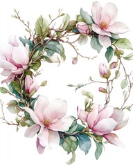 Obraz premium Watercolor Floral Chaplet featuring Magnolias, Green Leaves, and Delicate Branches for Weddings and Greetings