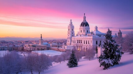 Fototapeta premium Madrid's almudena cathedral bathed in a pink-hued sunset and blanketed by snow, captured on a serene winter evening a picturesque view featuring historic architecture and dramatic skies