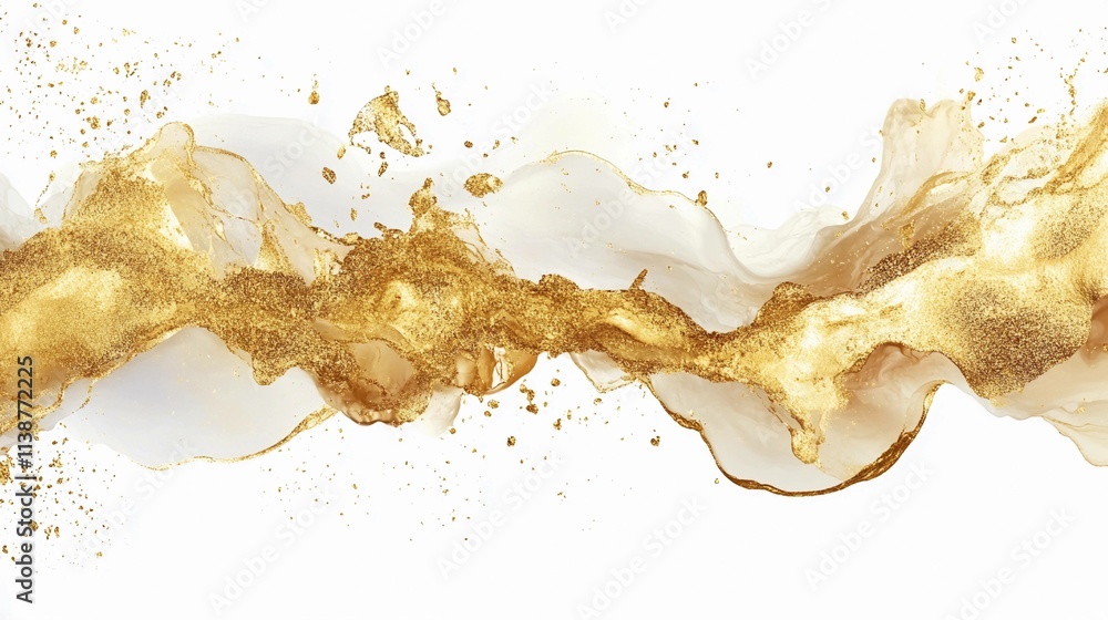 Poster gold paint splashes creating a dynamic texture on a smooth surface. generative ai