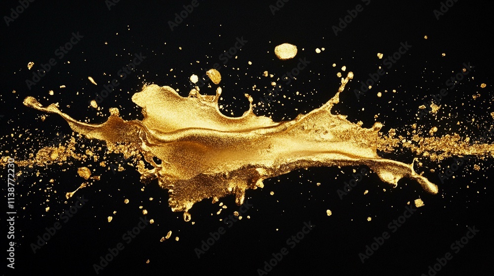 Poster gold paint splashes create dynamic texture on a black background. generative ai
