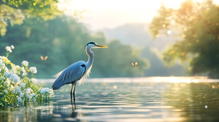 Naklejka premium Serene Heron by the Riverside with Butterflies at Sunrise