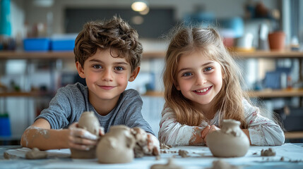 Fototapeta premium A boy and a girl working on a clay sculpture project together, hands covered in clay, with a table full of creative materials, capturing a moment of hands-on crafting