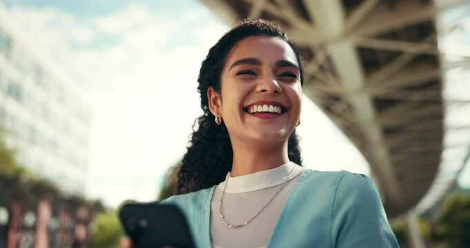 Outdoor, woman and smile with text message on smartphone for communication or networking. Female person, laughing and happy for social media, post and funny memes for connection, fun or entertainment
