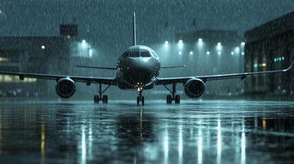 Fototapeta premium Airplane on a rainy runway during nighttime at the airport. Generative AI