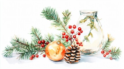 Christmas Still Life: Watercolor Painting of Festive Decorations