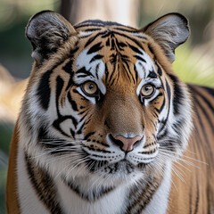 Majestic tiger gazes at the surroundings in a serene natural habitat during daylight hours