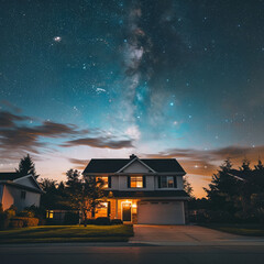 Sky with stars in background of suburban home during late evening