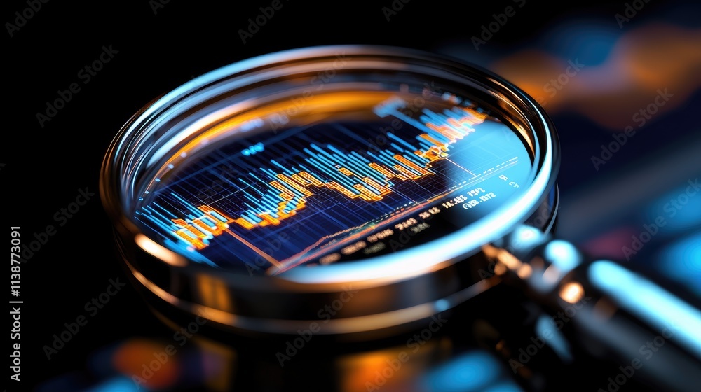 Poster analyzing financial data trends with magnifying glass business office digital graphics dark environm