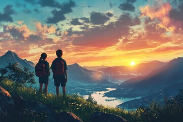 Naklejka premium Joyful Friends Adventure: Exploring Nature's Beauty at Sunset on a Summer Holiday
