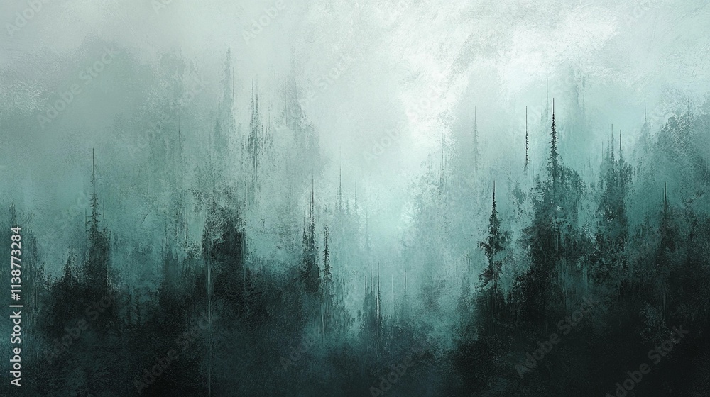 Poster fog envelops a forest with towering silhouettes and ethereal atmosphere. generative ai