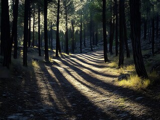 Obraz premium Patterns of light dancing through the trees of a mountain