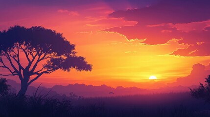 Naklejka premium Warm sunset hues cast shadows over serene landscape and solitary tree. Generative AI