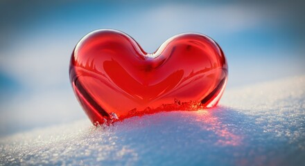 Fototapeta premium A heart-shaped object made of a translucent red glass, set against a snowy landscape Winter Love Valentine's Day Red heart on snow