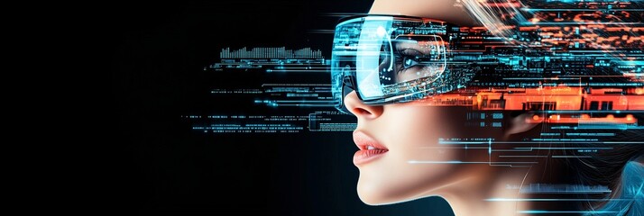 Woman wearing ar glasses experiencing augmented reality, futuristic technology concept