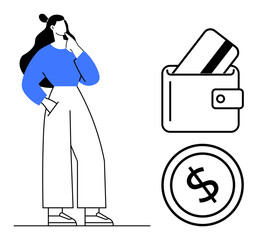 Thoughtful woman with hand on chin thinking, standing next to wallet containing credit card and dollar sign symbol. Ideal for budgeting, finance planning, expenses, payment options, savings