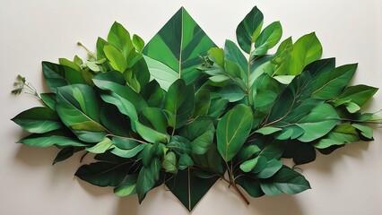  A geometric art piece created using overlapping green leaves 
