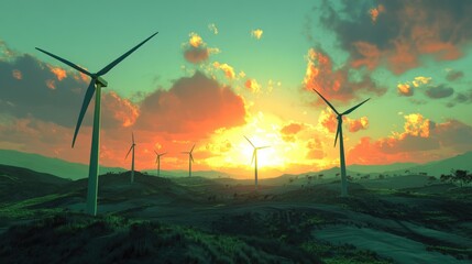 Golden Sunset Over Windmills: A Scenic Landscape of Turbines and Green Fields Harnessing Nature's Energy