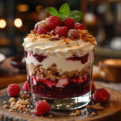 layered dessert with cream and fresh raspberries