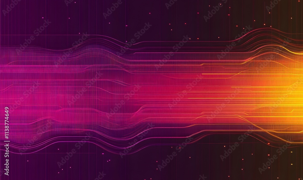 Poster abstract flow with red and yellow lines, dots on dark background.