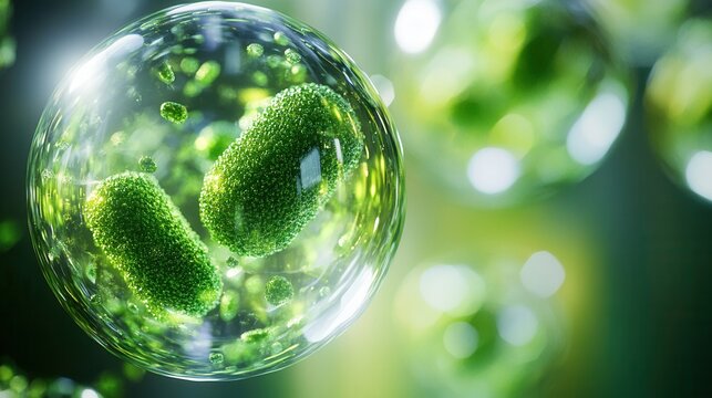 Microscopic view of green bacteria within a transparent cell in a lab setting