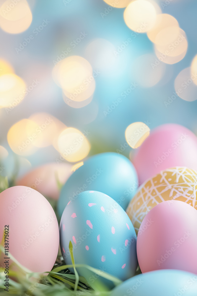 Poster pastel eggs sit in grass, bathed in a blurred bokeh backdrop that captures the joy of spring