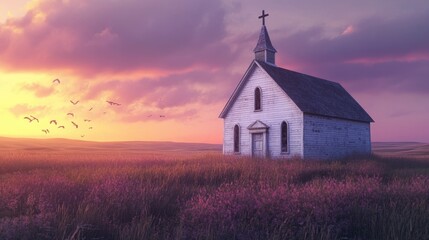 Fototapeta premium Desolate White Chapel at Sunset Over Prairie Landscape