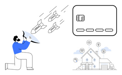 Man uses shield to defend against DDoS attack missiles, adjacent to a credit card and smart home security icons. Ideal for cybersecurity, online protection, data security, smart home safety