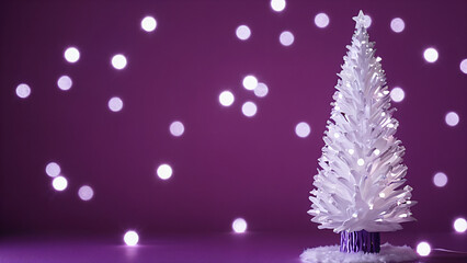 White christmas tree on purple background with bokeh lights. New Year concept.