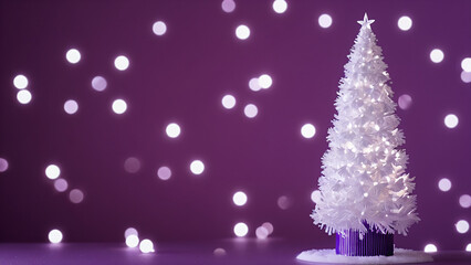 White Christmas tree on purple background with bokeh lights and copy space. New Year concept.